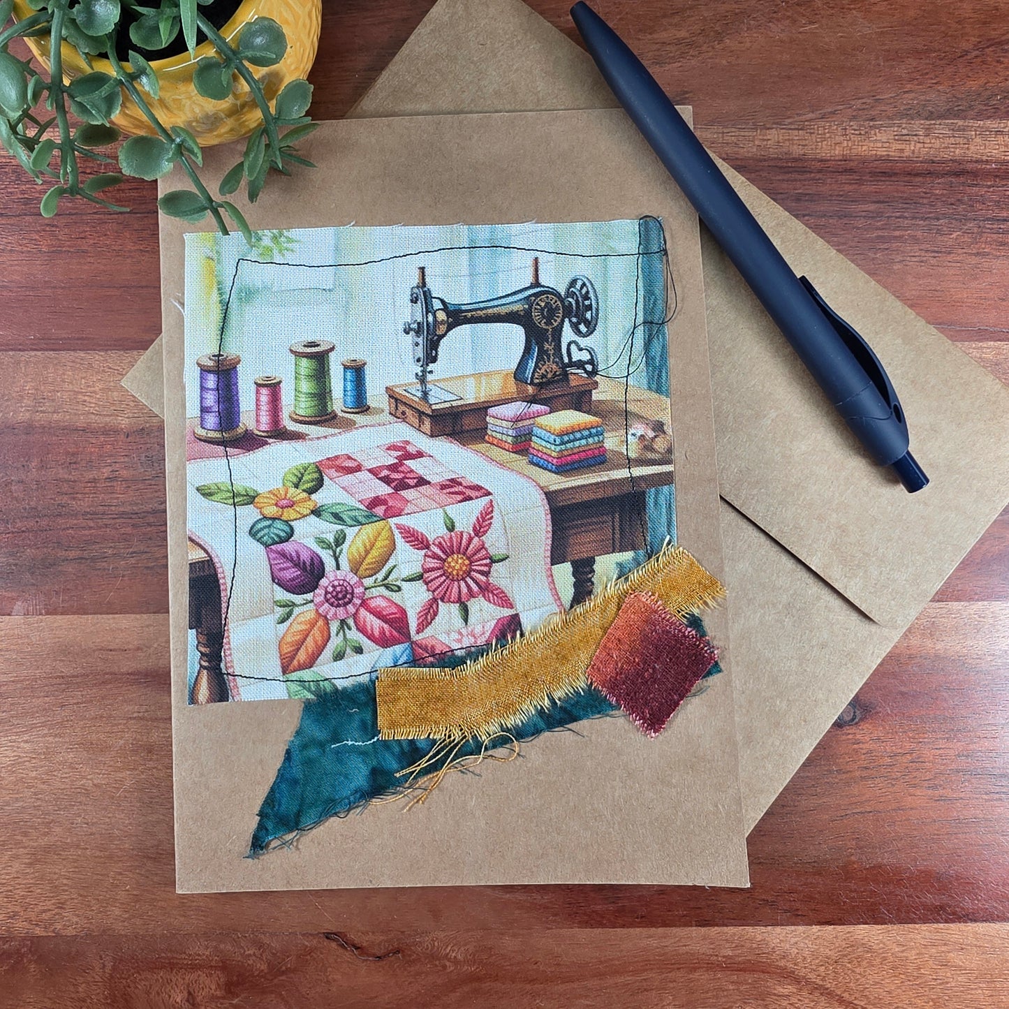 Fabric Art Card - Sewing machine with a table runner