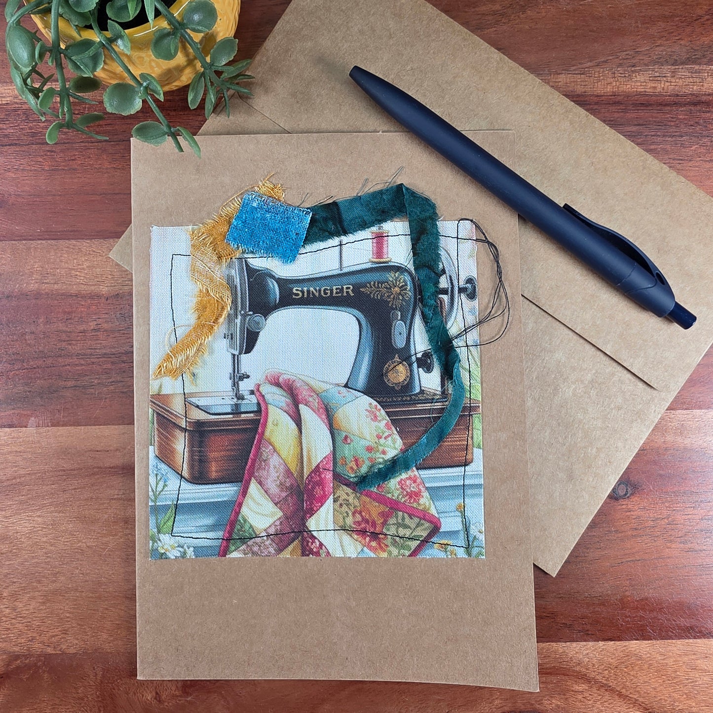Fabric Art Card - Singer machine with quilt
