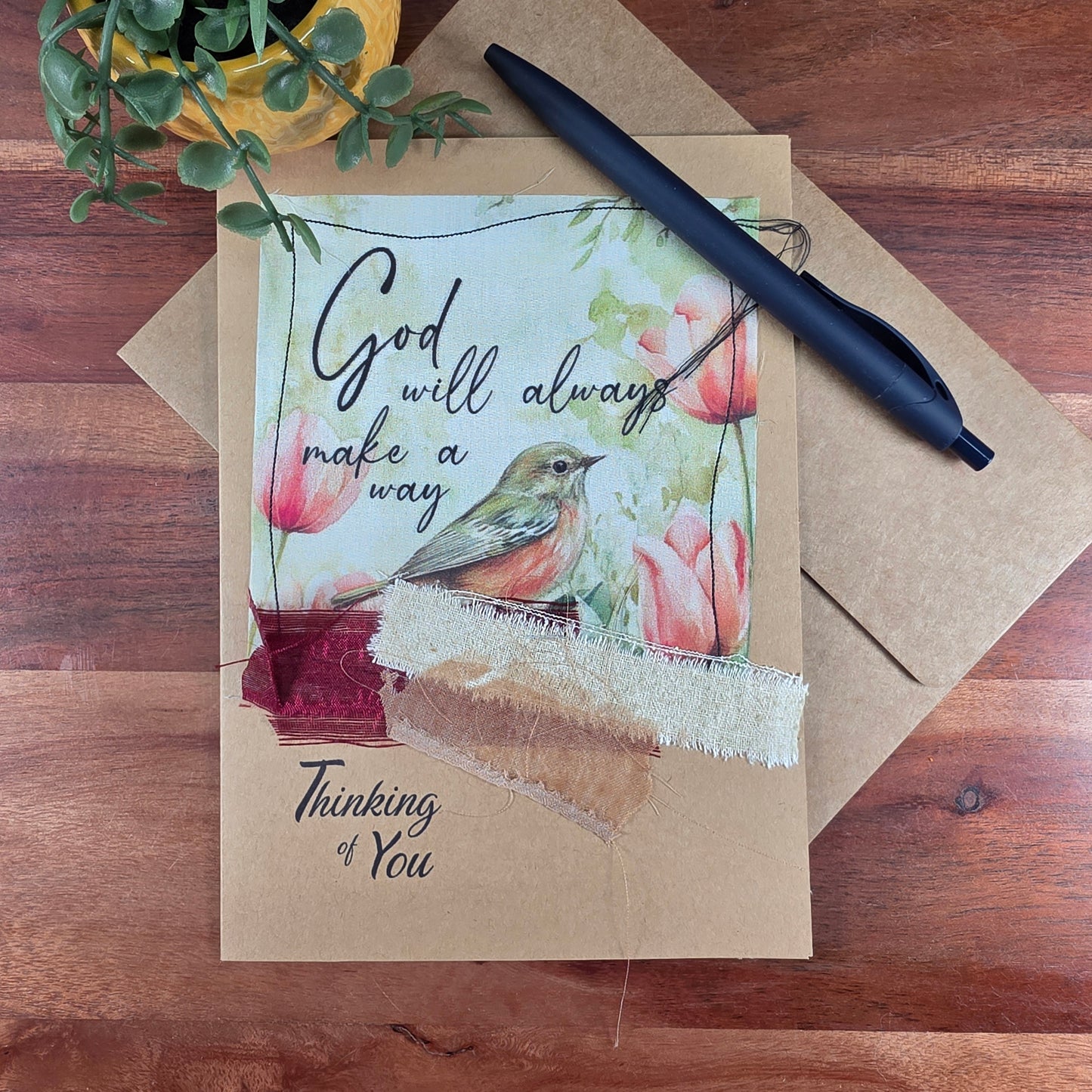 Fabric Art Card - Bird with Pink Tulips
