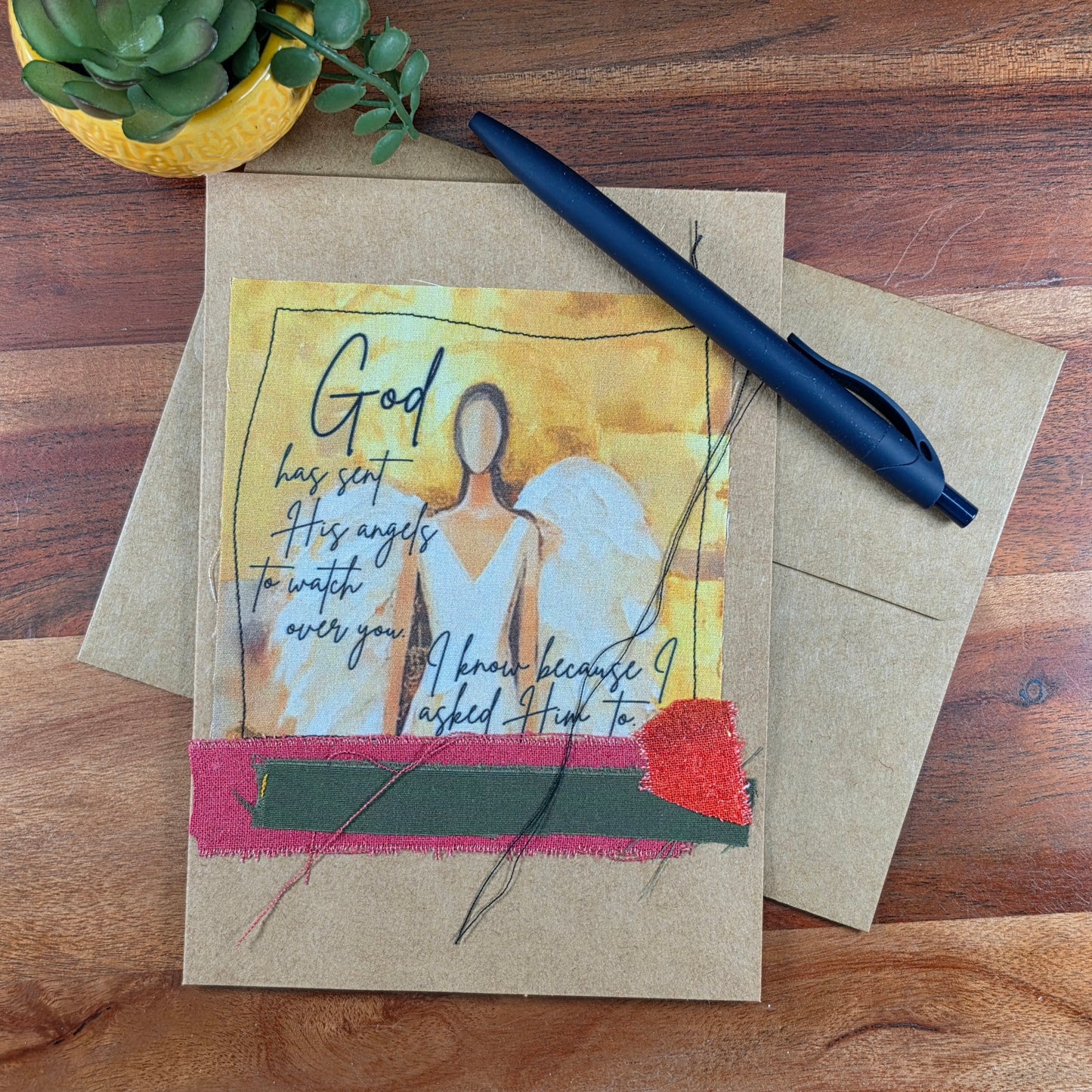 Fabric Art Card - God has sent His angels to watch over you