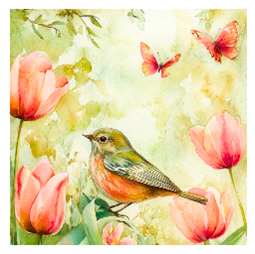 Bird with pink tulips - 3 - Quilt Blocks