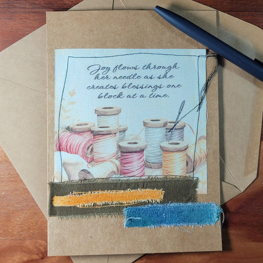 Fabric Art Card - Joy flows through her needle as she creates blessings one block at a time
