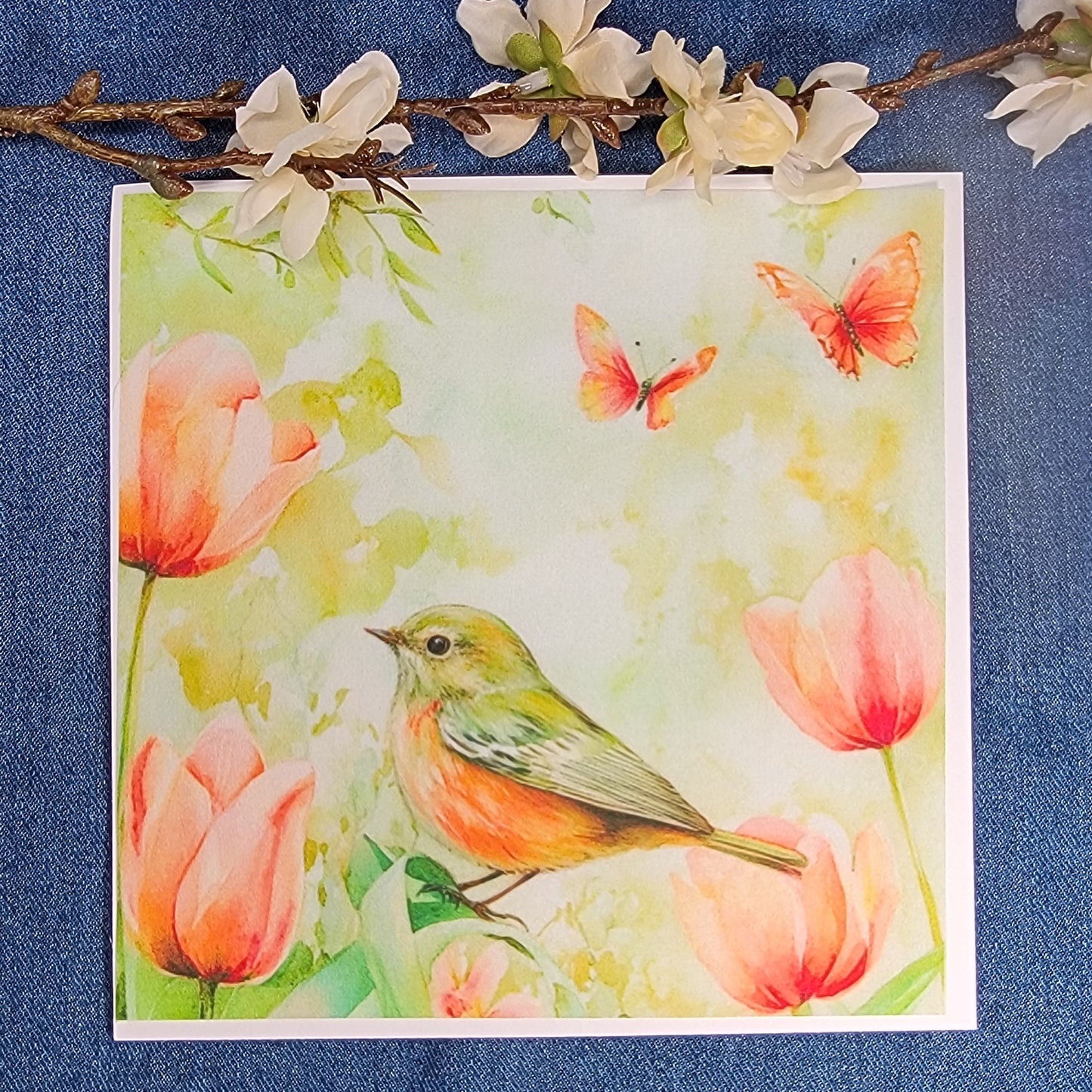 Bird with pink tulips- Quilt Blocks - Bird 3
