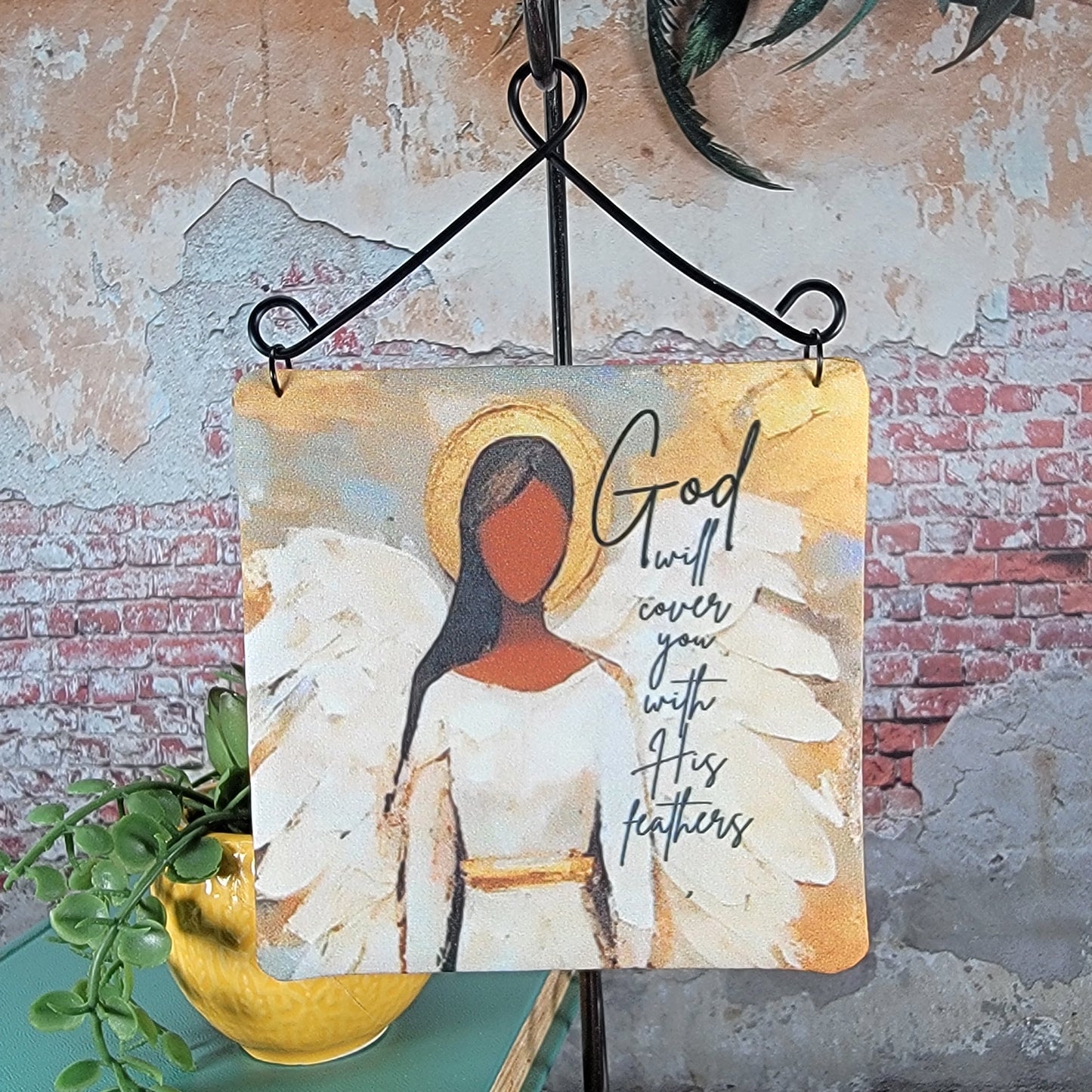 God will cover you with His feathers - 4" Quilt Block Wall Art w/ Wire