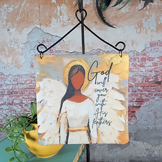 God will cover you with His feathers - 4" Quilt Block Wall Art w/ Wire