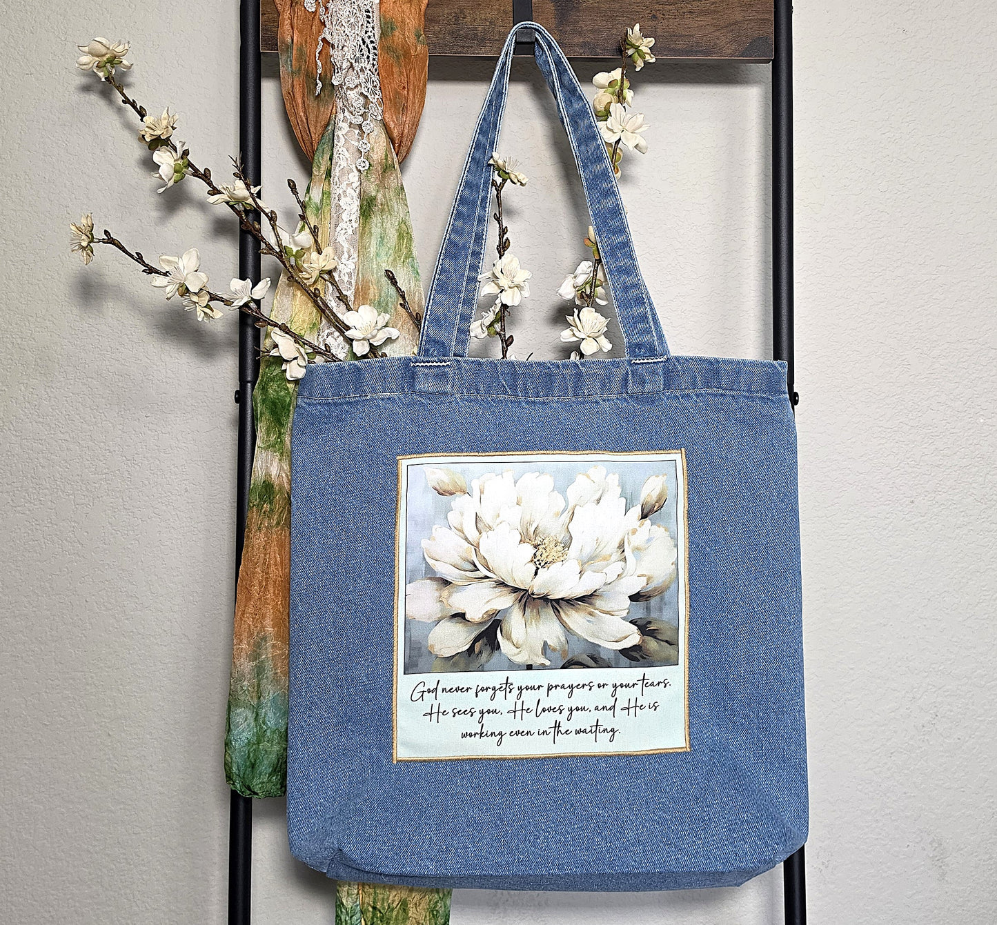 God never forgets your prayers or your tears - Denim Tote Bag