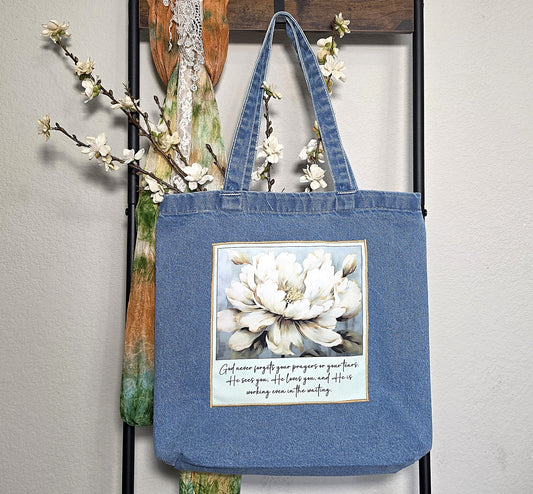 God never forgets your prayers or your tears - Denim Tote Bag