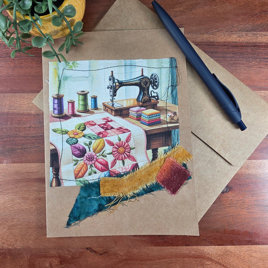 Fabric Art Card - Sewing machine with a table runner