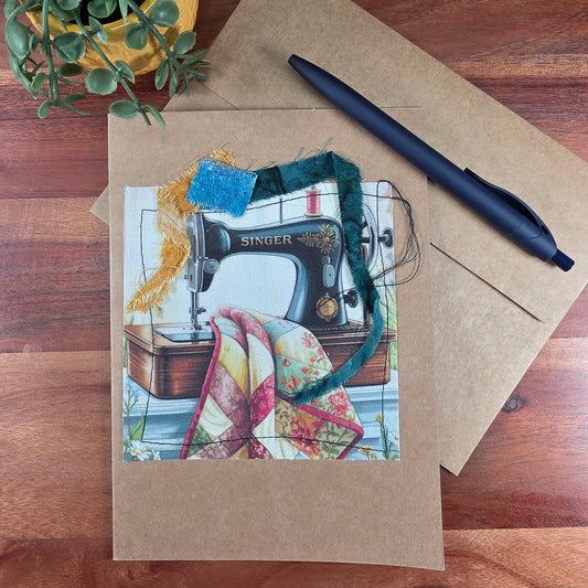 Fabric Art Card - Singer machine with quilt