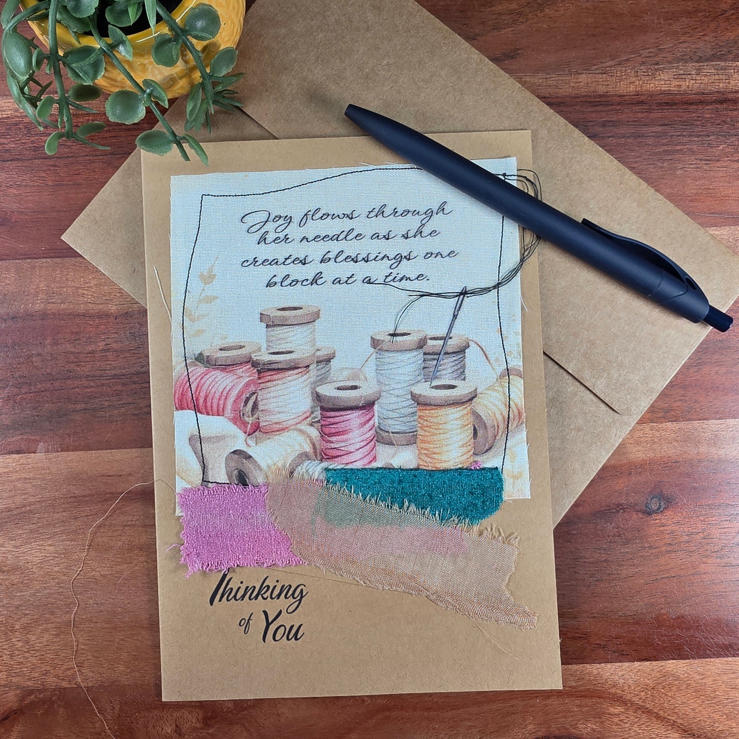 Fabric Art Card - Joy flows through her needle as she creates blessings one block at a time