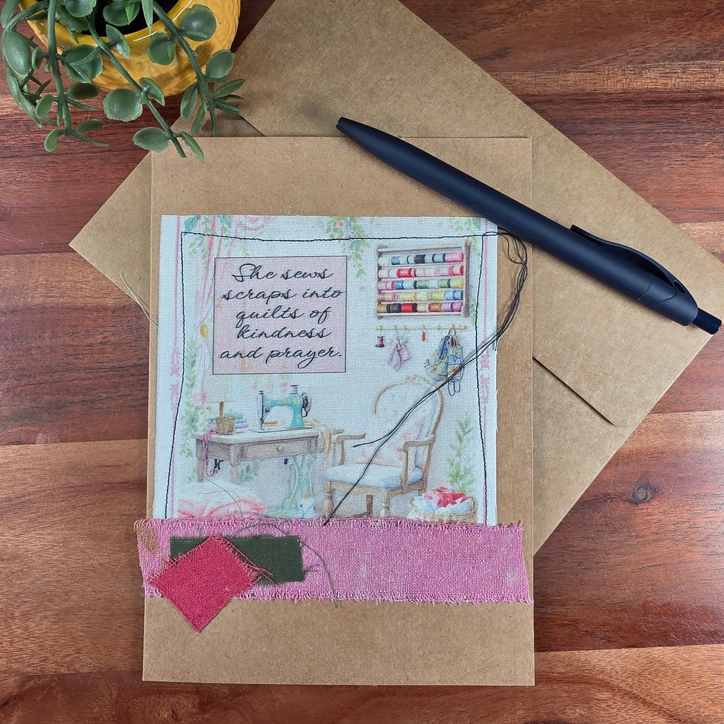 Fabric Art Card - She sews scraps into quilts of kindness and prayer
