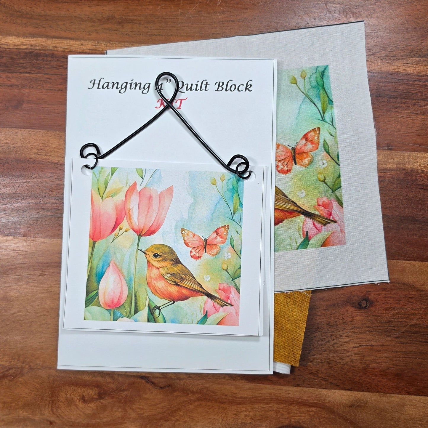 Kit - Complete 4" Block Wire Hanging - Bird with Pink Tulip flowers and butterflies - 1