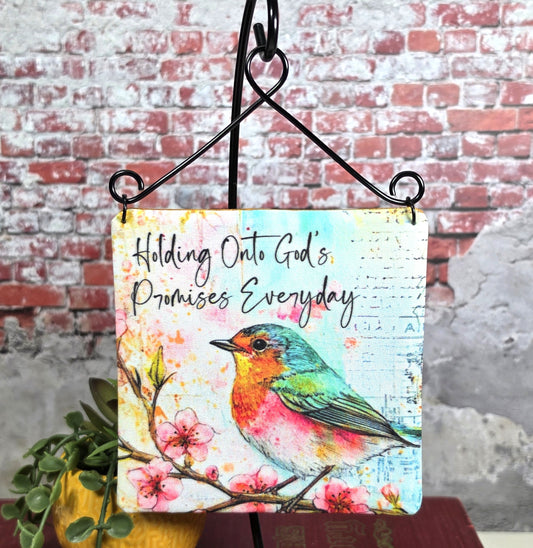 Holding Onto Promises Every Day - 4" Quilt Block Wall Art w/ Wire