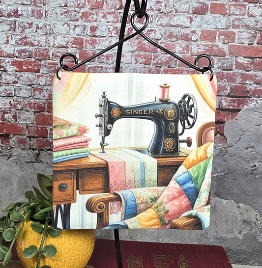 Singer Machine Sewing - 4" Quilt Block Wall Art w/ Wire