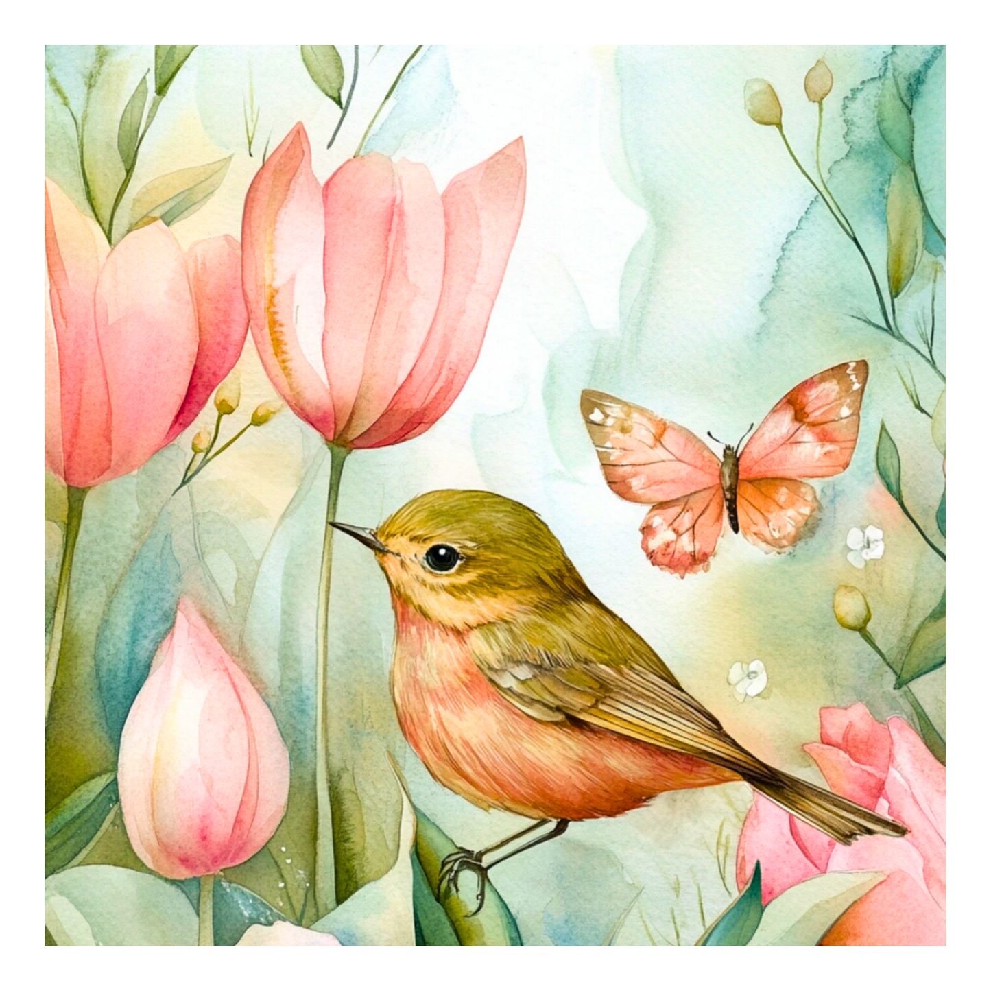 Bird with Pink Tulip flowers & Butterfly - 1 - Quilt Blocks