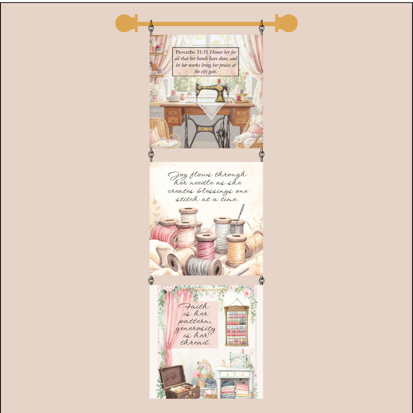 Kit - 3 Set 4" Quilt Block Wall Hanging with Dowel - Her Blessed Hands