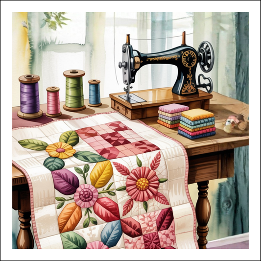 Sewing Machine with a Table Runner - Quilt Blocks