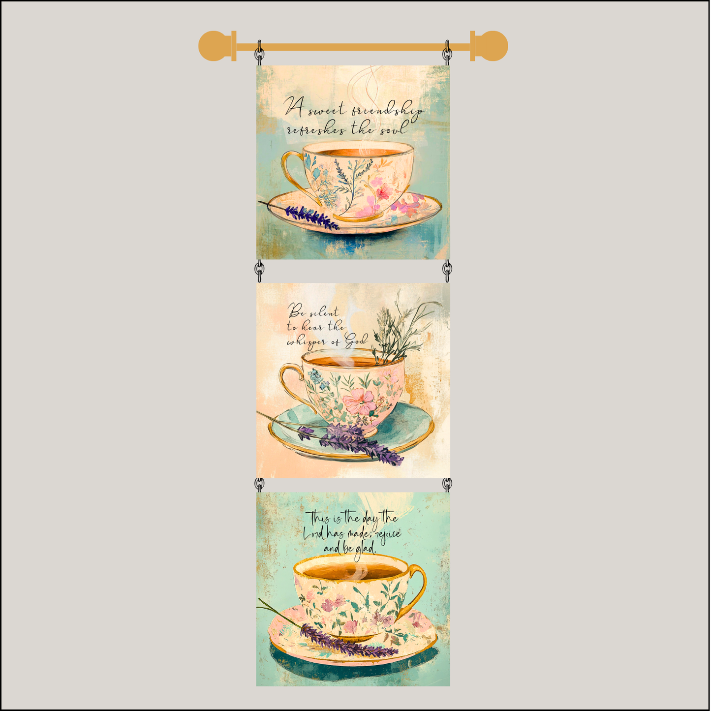 3 Set 4" Quilt Block Wall Hanging with Dowel - Tea Time with the Lord Kit