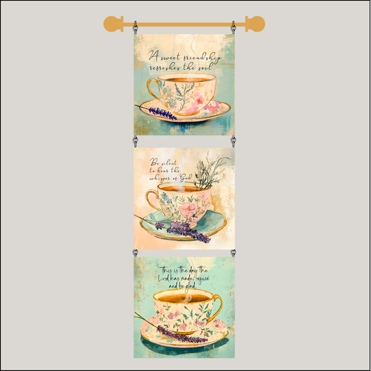 3 Set 4" Quilt Block Wall Hanging with Dowel - Tea Time with the Lord Kit